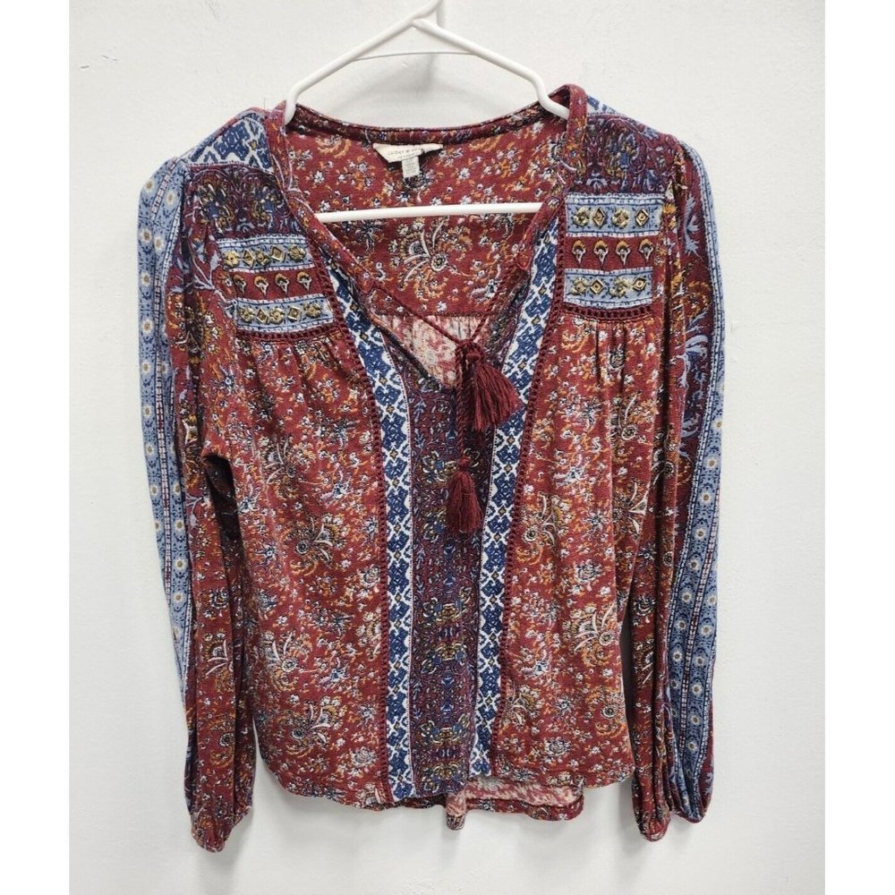 Lucky Brand Womens Blouse Small Maroon Blue Tie Neck Beaded Long Sleeve BOHO - Picture 1 of 6